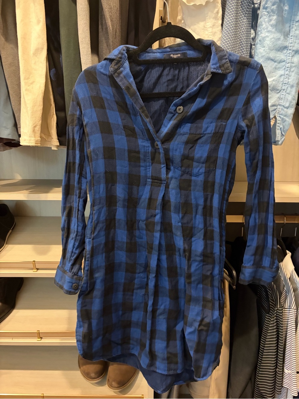 Madewell 100% Cotton Blue and Black Plaid Shirt Dress